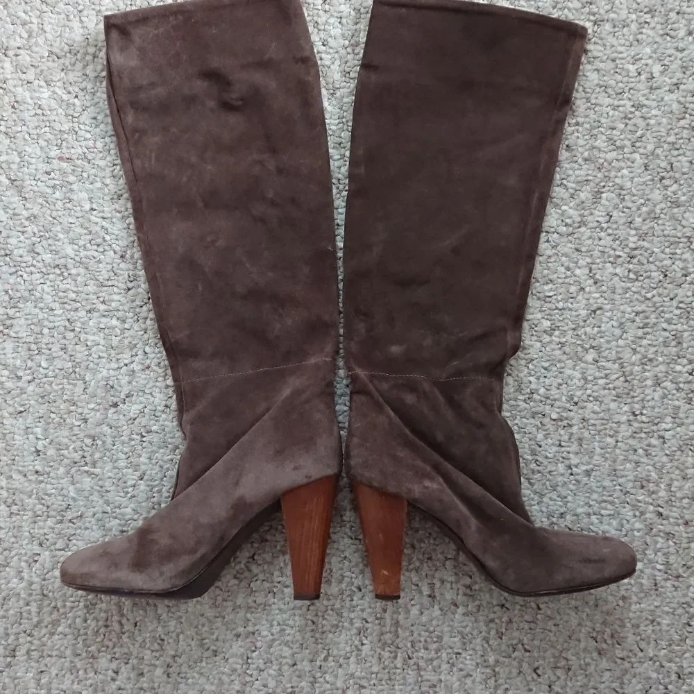 Joie brown knee high leather pull on boots wood block heel size 36.5